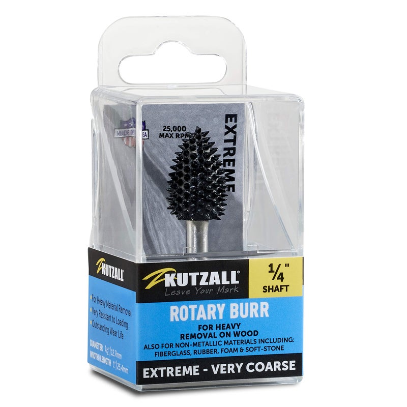 Kutzall Extreme Flame Rotary Burr, 1â„4" Shaft, Very Coarse - Wood Carving Bit for Bosch, DeWalt, Milwaukee. Abrasive Tungsten Carbide, 1â„2" (12.7mm) Dia. X 1" (25.4mm) Length, FLX-12C - Image 1